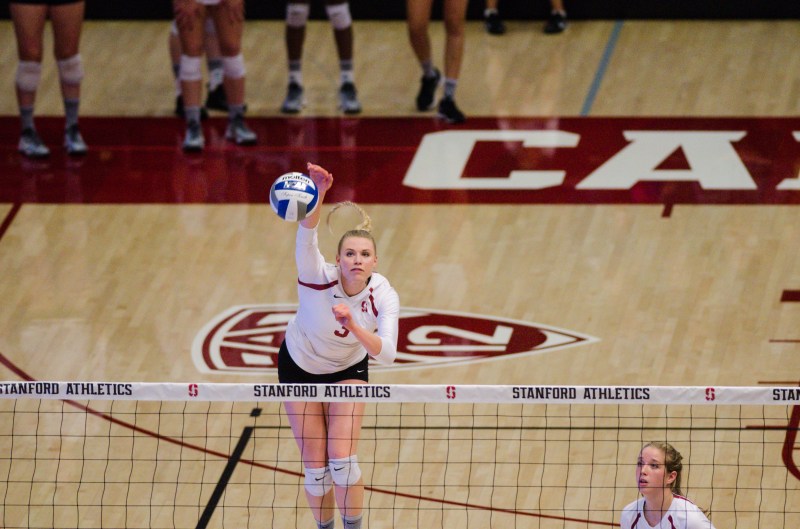 Sophomore outside hitter Hayley Hodson has continued her dominant play so far this season. Hodson recorded a career-high 4 aces against Penn State on Sunday, accounting for half of Stanford's impressive total of 8 aces on the night. (RAHIM ULLAH/The Stanford Daily)