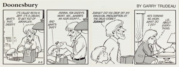 Gary Trudeau (U.S.A., b. 1948), Doonesbury, 1988.  Blue pencil, pen and ink, white gouache, pasteover, and applied halftone film.  Gift of Cherie and Ron Petersen, 1998.343.  DOONESBURY © G. B. Trudeau. Reprinted by permission of UNIVERSAL UCLICK for UFS. All rights reserved