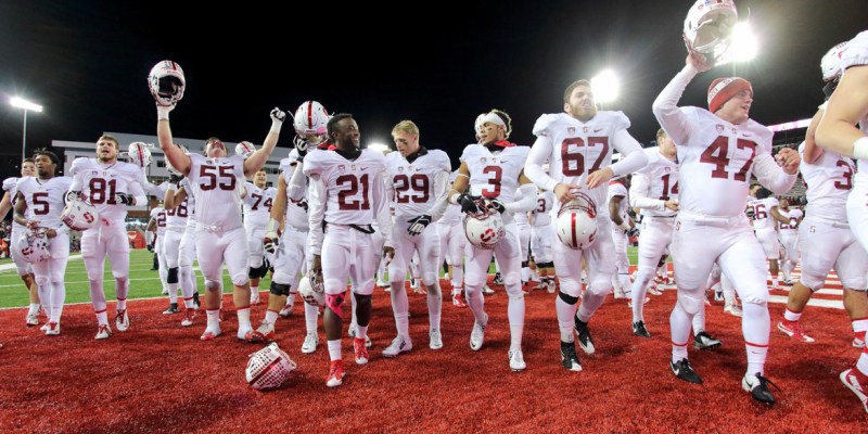 Stanford football celebrates after a last-second win over Washington State last October. This season, the Cardinal will seek to bounce back from last week's blowout loss to Washington and reassert their dominance in conference play. (BOB DEBIN/isiphotos.com)