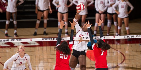 Senior Inky Ajanaku displayed leadership on the court against Arizona Saturday night, hitting .750 and leading the team with six blocks. Ajanaku's domination of the net added to the Cardinal's statistical superiority over the Sun Devils during the game, including a season high .422 as a team. (KAREN AMBROSE HICKEY/Stanford Athletics)