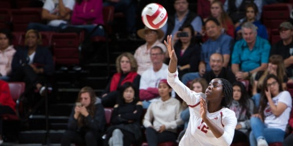 Fifth-year Inky Ajanaku was sidelined with an injury against UCLA, but returned to total 10 kills and eight blocks against USC to help the Cardinal sweep the match in three sets. (AL CHANG/isiphotos.com)