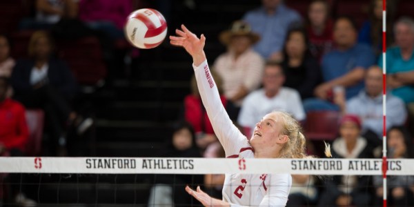 Freshman opposite Kathryn Plummer recorded her team-leading fifth double-double in Stanford’s sweep of Washington on Wednesday. The Cardinal will take on Washington State on Friday in Maples Pavilion. (AL CHANG/isiphotos.com)