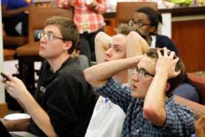 Viewers at Ng House watch as key states are called (MICHAEL SPENCER/The Stanford Daily).