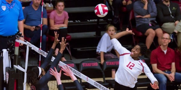 Fifth-year senior middle blocker Inky Ajanaku was named Pac-12 Player of the Week this week for her impressive performance for the Cardinal. Stanford now leads the Pac-12 with 99 Player of the Week and 19 Freshman of the Week awards. (SYLER PERALTA-RAMOS/The Stanford Daily)