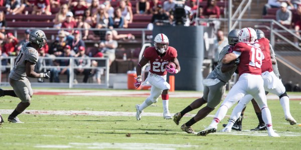 Sophomore running back Bryce Love rushed for 89 yards and one touchdown on Saturday against Oregon State. Love and Christian McCaffrey will have to run behind another new offensive line this week. (RYAN JAE/The Stanford Daily)