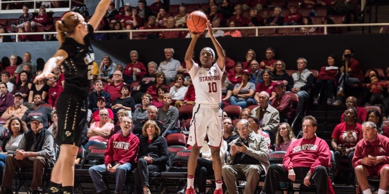 Senior guard Briana Robertson was one of five Stanford players to score more than ten points in the season opener. The Cardinal's balanced performance was the key to their 85-55 win, with 10 of the 12 women on the court netting scores on Friday. (BILL DALLY/isiphotos.com)