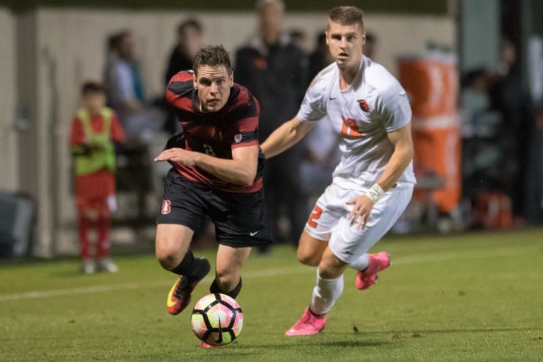 Junior forward Foster Langsdorf scored his seventh winner of the season in double overtime against UVA to finish the game for Stanford 1-0. Langsdorf's header knocks Stanford into the fourth round of the NCAA tournament, bringing Stanford one step closer to winning its first consecutive national titles. (LYNDSAY RADNEDGE/isiphotos.com)