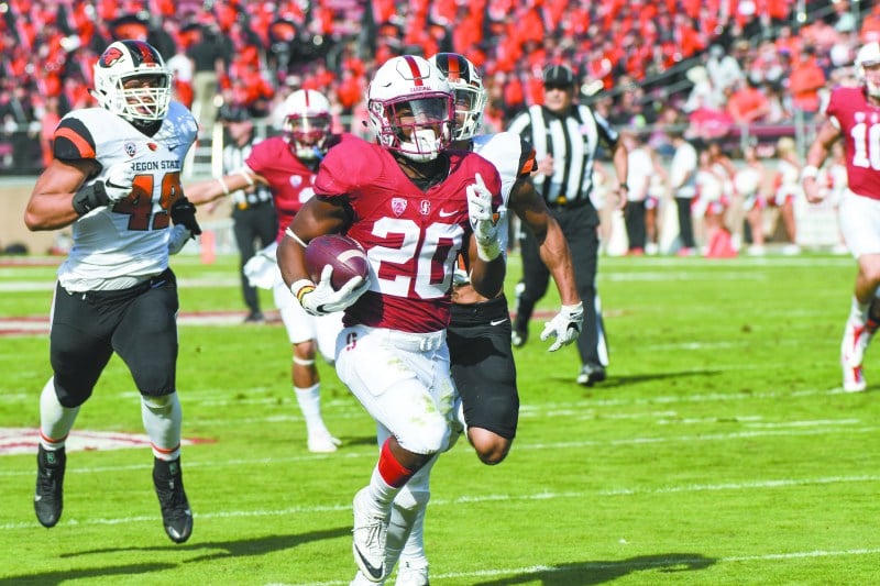 Sophomore running back Bryce Love was an important part of the Cardinal's dominant running game against Oregon State. Love managed 89 yards in 9 attempts and 1 touchdown. (OMAR CEJA JR./The Stanford Daily)