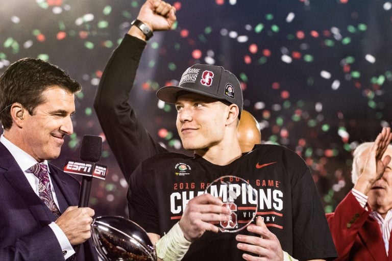 Running back Christian McCaffrey is honored after last year's Rose Bowl Game. Though the Cardinal did not make it back to Pasadena this time around, they will finish the year at the Sun Bowl against the UNC Tarheels. (SAM GIRVIN/The Stanford Daily)