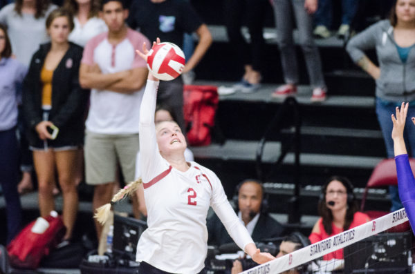 Freshman outside hitter Kathryn Plummer made her presence felt Saturday night as she led the Cardinal in kills, her last of which the championship point. (COLE GRANDEL/The Stanford Daily)