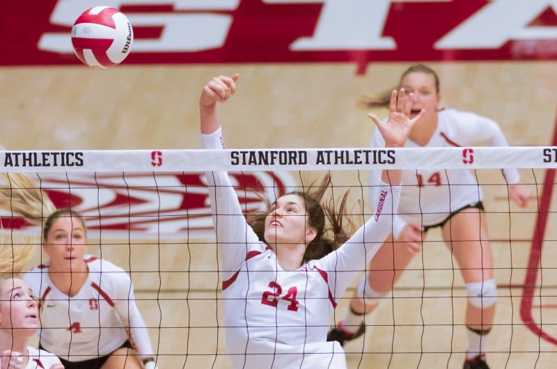 After a 6-3 run by Texas, freshman middle blocker Audriana Fitzmorris provided a dominant kill to lift Stanford to a win in the fourth set. (SYLER PERALTA-RAMOS/The Stanford Daily)