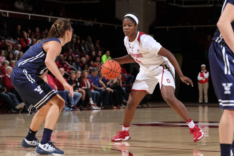Freshman forward Nadia Fingall was one of three Cardinal to record double-digit points in Stanford's dismantling of Arizona on Sunday. With the win, Stanford jumped out to a 2-0 Pac-12 record and has won six straight conference games dating back to last season. (BOB DREBIN/isiphotos.com)