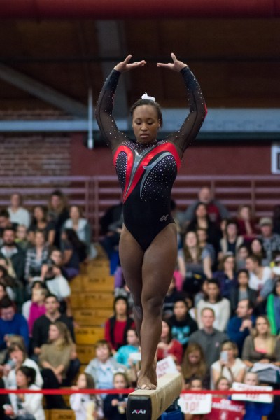 Junior Elizabeth Price sealed the rally win on Sunday with a meet-best 9.925 on floor. The team had emphasized floor all week in practice, according to head coach Kristen Smyth. (RAHIM ULLAH/The Stanford Daily)