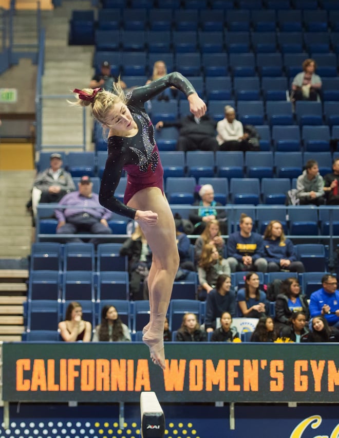 Freshman Kaylee Cole earned her first collegiate individual event victory on Friday, scoring a meet0best 9.875 on vault. At the quad meet she also competed in the all-around, placing seventh. (DAVID BERNAL/isiphotos.com)