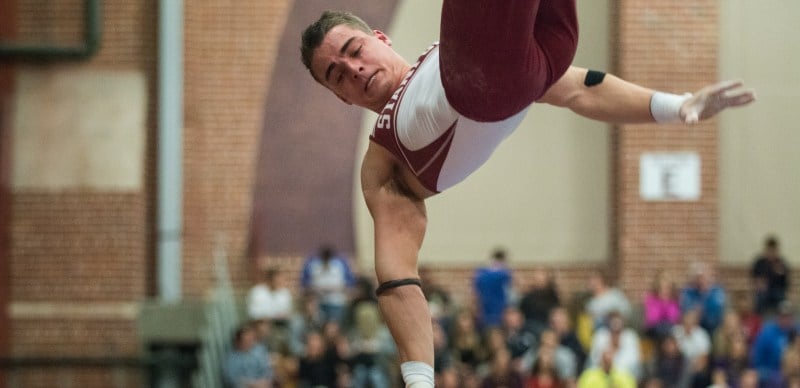 After being named to the U.S. Senior Team on Feb. 18, Grant Breckenridge contributed on vault and parallel bars to help Stanford keep an undefeated NCAA record. (RAHIM ULLAH/The Stanford Daily)