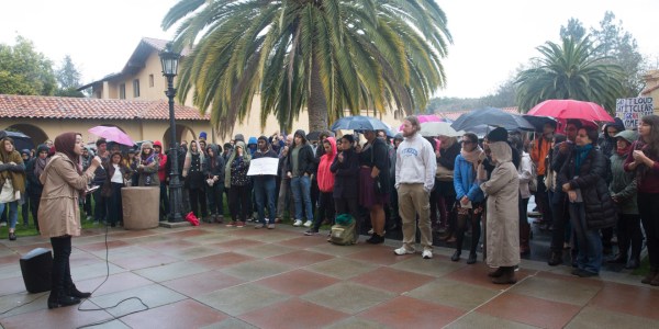 Students gathered Friday to protest President Donald Trump's executive order banning immigration from seven majority-Muslim countries. (NAFIA CHOWDHURY/The Stanford Daily)