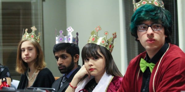 On Tuesday night, the Senate wore crowns to satirize a recent Stanford Review piece calling senators "kings" (EDER LOMELI/The Stanford Daily).