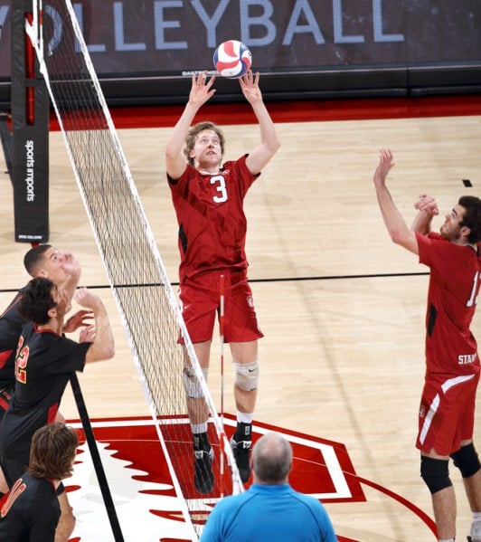 Freshman setter Paul Bischoff guided the Cardinal with a career-high 55 assists and 13 digs as Stanford came back to claim its second consecutive five-set match win. (HECTOR GARCIA-MOLINA/Stanford Athletics)