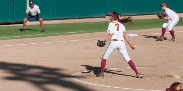 After coming in as a relief pitcher in the sixth inning, Stanford sophomore Carolyn Lee solidified the Cardinal's win over the Aggies. (RAHIM ULLAH/ The Stanford Daily).