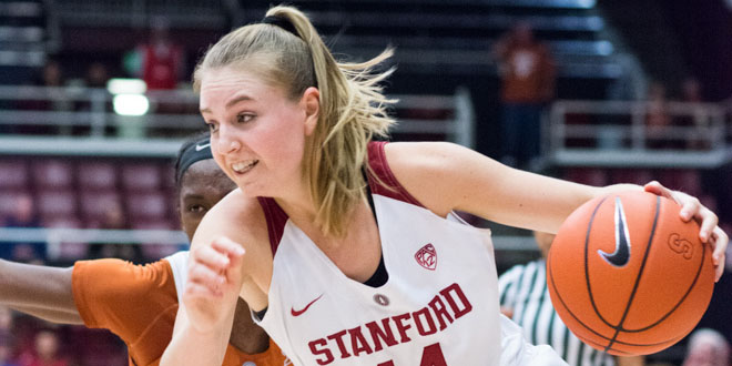 Senior guard Karlie Samuelson scored 17 points in Thursday night's game against Cal. Samuelson aptly represented a strong graduating class in their last home game of the season. (RAHIM ULLAH/The Stanford Daily).