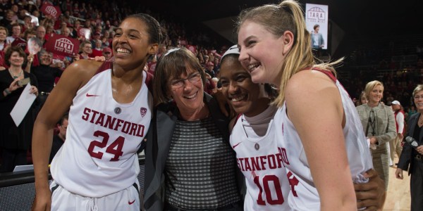 (From left to right) Seniors Erica McCall, Tara VanDerveer, Brianna Robertson and Karlie Samuelson celebrate after VanDerveer's 1,000th career win earlier this season. McCall, Robertson and Samuelson played their final game in Maples on Sunday as Stanford dominated bay rival Cal 72-54 (Don Feria/isiphotos.com).