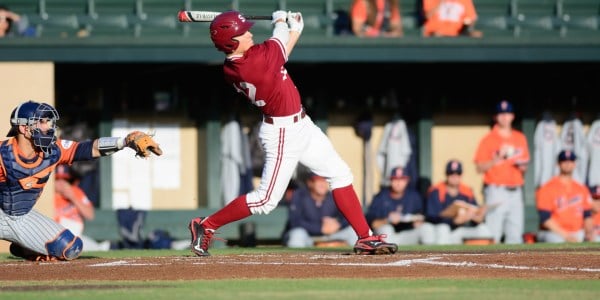 Sophomore second baseman Duke Kinamon broke up a no-hitter in the sixth inning of the second game of Stanford baseball's series against Fullerton and eventually scored the series opener's only run. (RAHIM ULLAH/The Stanford Daily)