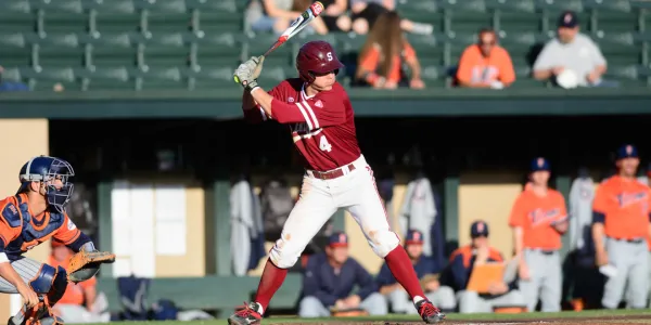 Sophomore Nico Hoerner has already made his presence felt in the early season, helping to extend Stanford's six-game winning streak by going 3-5 while accounting for four of the Cardinal's eight runs on the night. (RAHIM ULLAH/The Stanford Daily)