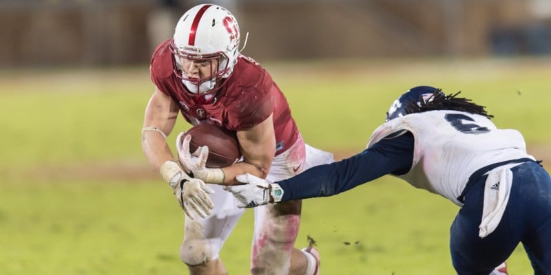 NFL draft prospect and former Cardinal RB Christian McCaffrey most likely will fall to a late first-round, second-round pick in the incoming draft, which could increase his likelihood at success on the next level. (DAVID BERNAL/isiphotos.com)