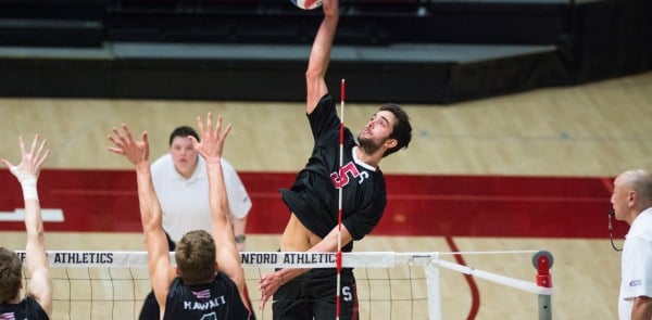 Fifth-year senior outside hitter and Hawaii native Gabriel Vega recorded a team-high 11 kills in the first match of the weekend doubleheader, but Stanford was outmatched over the two matches, falling twice to the fourth-ranked Rainbow Warriors.  (RAHIM ULLAH/The Stanford Daily)