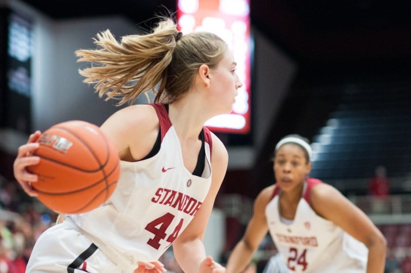 Senior Karlie Samuelson suffered an early injury in the semifinal matchup. Despite toughing it out for the rest of the game, Samuelson failed to hit a shot, and Stanford ended it season with a loss against South Carolina. (RAHIM ULLAH/The Stanford Daily)