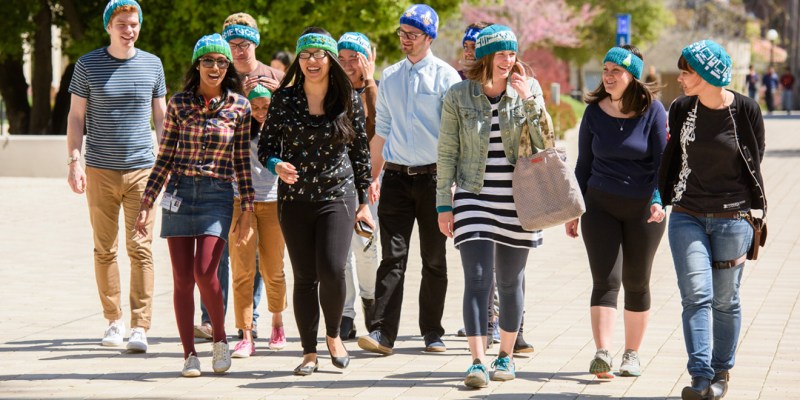 Heidi Arjes, third from right, has created knit hat designs for the March for Science featuring a double helix, lab glassware and circuits, among others (Courtesy of Linda A. Cicero/Stanford News).