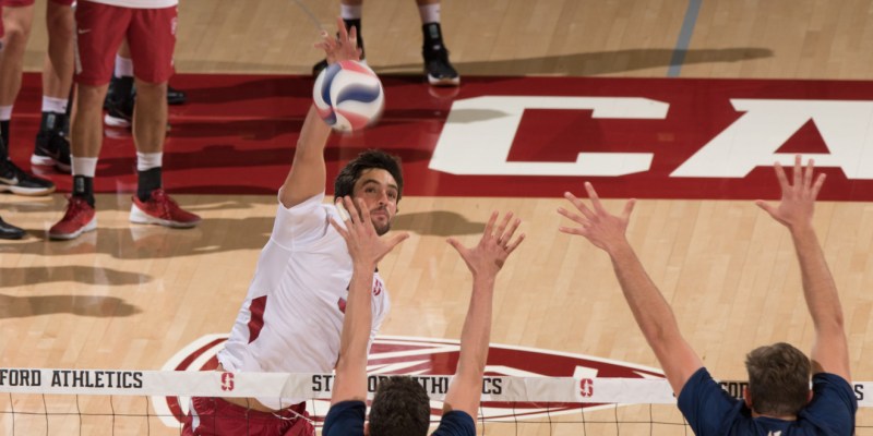 Fifth-year senior Gabriel Vega led the Cardinal with 21 kills in his final regular season match at Maples Pavilion. The five-set win clinched a MPSF playoff berth for Stanford. (MIKE RASAY/isiphotos.com)