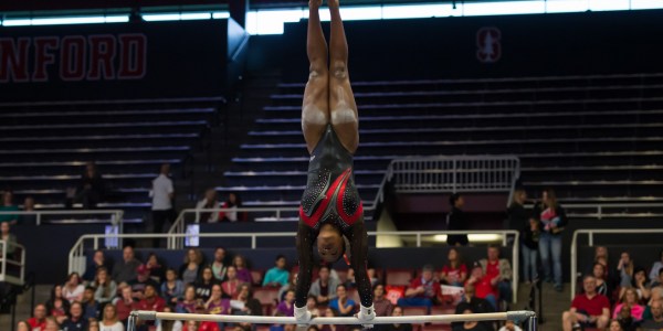 Junior Elizabeth Price earned an individual event victory on uneven bars, qualifying her to the NCAA Championships on the apparatus. Stanford will not compete as a team, however, placing fourth in the regional competition to end the season. (KAREN AMBROSE HICKEY/Stanford Athletics)