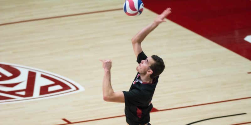 Senior middle Kevin Rakestraw hit a season-high .750 with 12 kills and no errors to lead the Cardinal squad to a three-set victory over the UC San Diego Tritons in its final match of the regular season. (RAHIM ULLAH/The Stanford Daily)