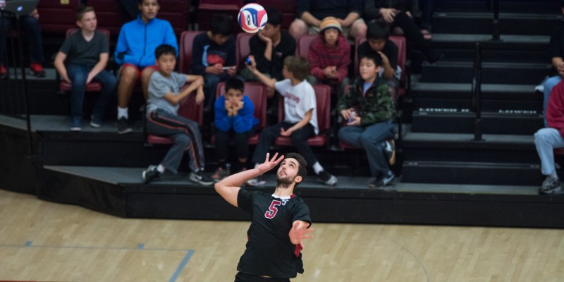The Cardinal's gritty win over the Tritons last week was lead by fifth-year senior outside hitter, Gabriel Vega. For his last game in Maples, the senior had a career high of 21 kills.  
(RAHIM ULLAH/The Stanford Daily)