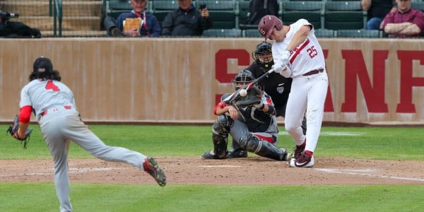 Freshman Andrew Daschbach put on an offensive showcase in the second game of a three-game series against UCLA. Daschbach earned his first career multi-hit game on Friday. (BOB DREBIN/Stanford Athletics)