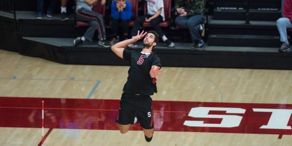 Fifth-year senior outside hitter Gabriel Vega earned his first double-double of the season with 12 kills and 11 digs in his final game as a Cardinal. Stanford struggled with errors throughout the match, falling to No. 3 BYU in the MPSF quarterfinals. (RAHIM ULLAH/The Stanford Daily)