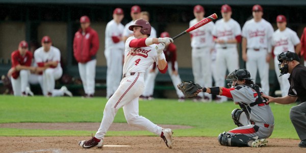 Sophomore Nico Hoerner (above left) managed three hits during the Cardinal's last outing against Oregon. Only his teammate, junior Mikey Diekroeger, managed more by going 4-4. (BOB DREBIN/isiphotos.com)
