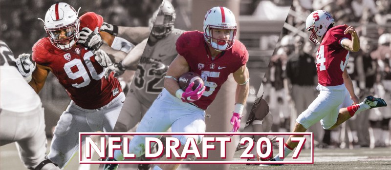 Solomon Thomas, Christian McCaffrey, and Conrad Ukropina are three of the Cardinal's top talent entering this year's NFL Draft. (Graphic by VICTOR XU/The Stanford Daily)