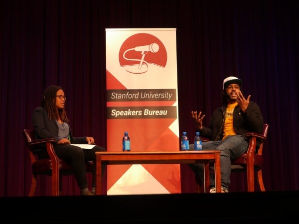 Michelle McGhee '18 and Daveed Diggs in conversation at "An Evening with Daveed Diggs," hosted by the Stanford Speakers Bureau at Dinkelspiel Auditorium in 2017. (Photo: Alexander Lee)