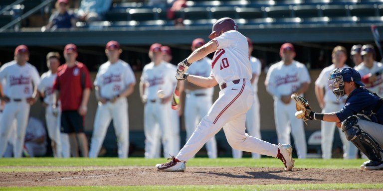 Maverick Handley led an attempted Cardinal comeback on Monday night, but his effort ultimately fell short as Cal edged Stanford 5-3 to take the final game of the series. (BOB DREBIN/isiphotos.com)