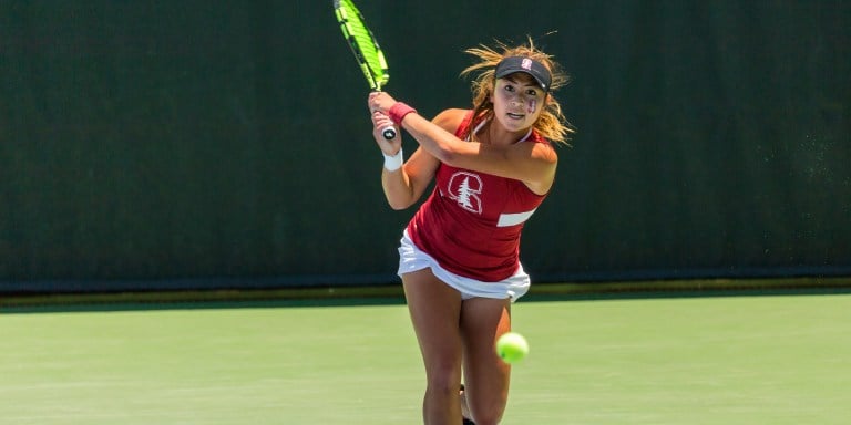 Sophomore Caroline Lampl delivered the clinching point in the duel against TCU to send the Cardinal to the NCAA Round of 16. With the win, Lampl remains undefeated in the postseason. (SYLER PERALTA-RAMOS/The Stanford Daily).