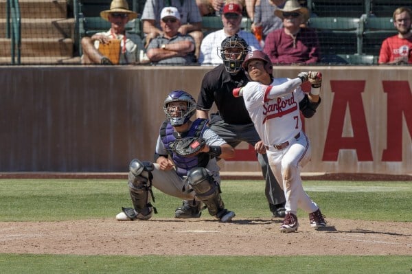 Junior third baseman Jesse Kuet drove in the lone run for the Cardinal in their 4-1 loss to No. 2 seed Cal State Fullerton on Friday night at Sunken Diamond. He extended his hitting streak to a career-high 12 games. (BOB DREBIN/isiphotos.com)