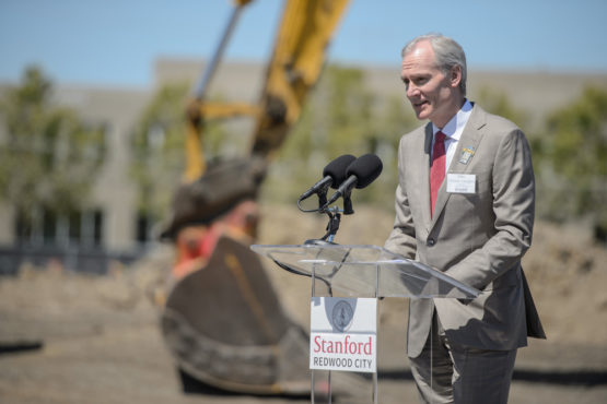 University President Marc Tessier-Lavigne spoke at the Redwood City campus's recent groundbreaking (Courtesy of Stanford News).