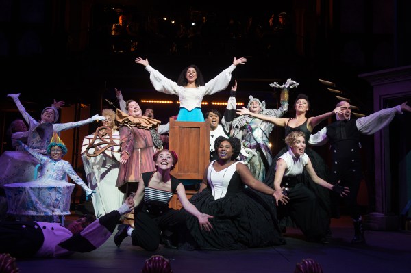 Belle (Jennie Greenberry, center) leads the ensemble in song in the Oregon Shakespeare Festival's 2017 production of 'Disney's Beauty and the Beast' (Photo by Jenny Graham).