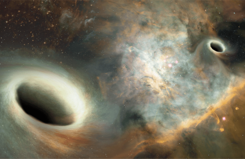 Artist’s rendition of two supermassive black holes, resembling those observed by UNM/Stanford researchers, orbiting one another (Joshua Valenzuela/UNM).