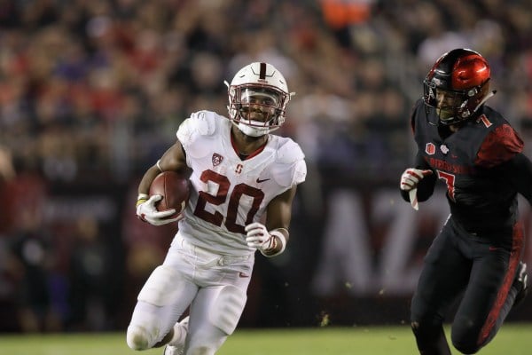 Stanford junior running back Bryce Love (20) is second in the nation in rushing yards. Can he continue his performance against the UCLA Bruins?(BOB DREBIN/isiphotos.com)