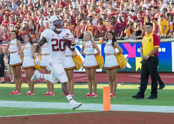 Junior running back Bryce Love (20, above) was huge in the first half (141 rushing yards and one touchdown) in the loss to No. 4 USC.(DAVID BERNAL/isiphotos.com)