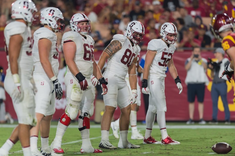 The Stanford defensive line did not win the battle of the trenches as the Trojans run game racked up 307 rushing yards. Stanford faces a similar threat in Aztecs running back Rashaad Penny. The defensive line will need to improve to prevent Penny from running all over them.(DAVID BERNAL/isiphotos.com)