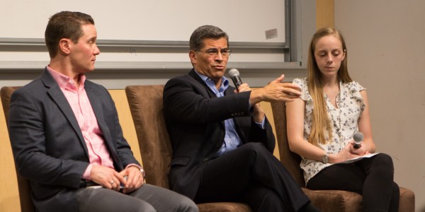 California Attorney-General Xavier Becerra at Stanford Wednesday evening (TIFFANY ONG/The Stanford Daily).